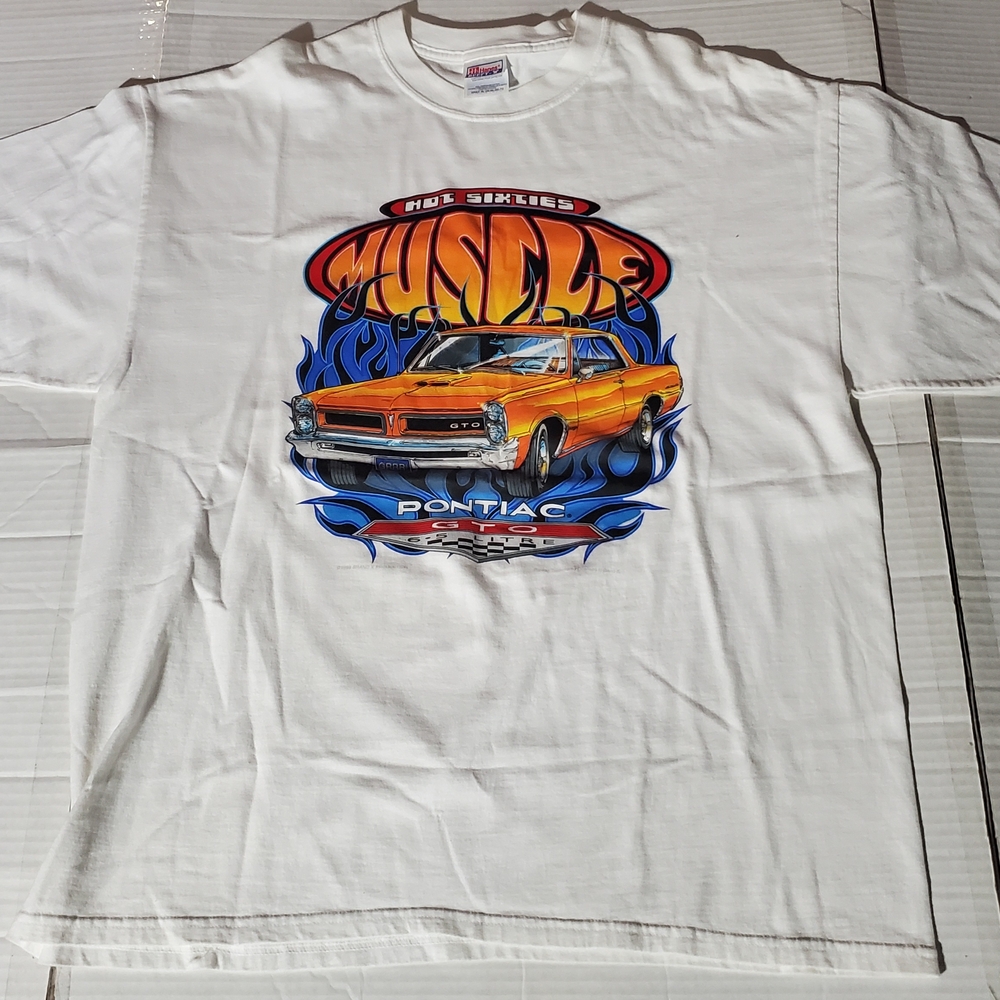 Hanes White Tee with Orange and Blue Muscle Car Graphic